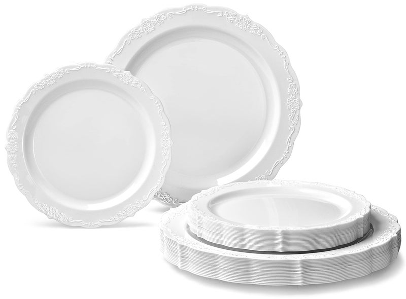 OCCASIONS  50 Plates Pack 25 GuestsVintage Wedding Party Disposable Plastic Plate Set 25 x 10 Dinner  25 x 75 SaladDessert plates Verona in White