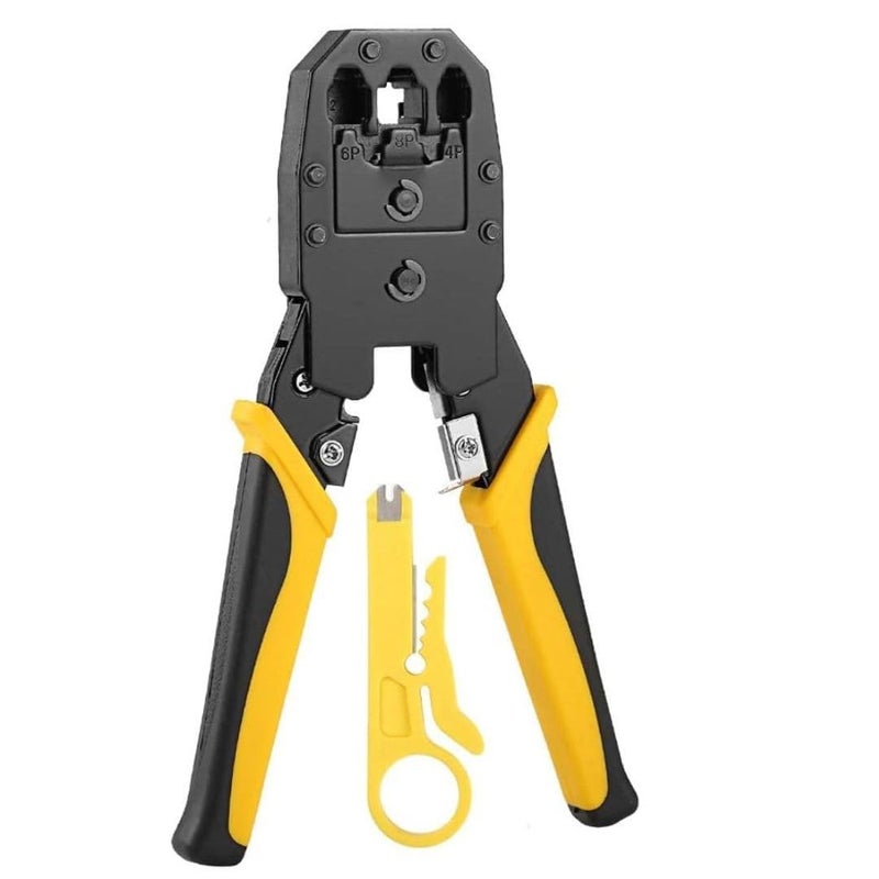 Meshiv Multifunctional Modular Plug Ethernet Network RJ45 RJ11 RJ12 Crimping Tool and wire cutter 4P6P8P RJ11RJ12RJ45 For Lan Network and Telephone Cable BOSI 3 in 1 Crimping Tool Yellow - Image 1