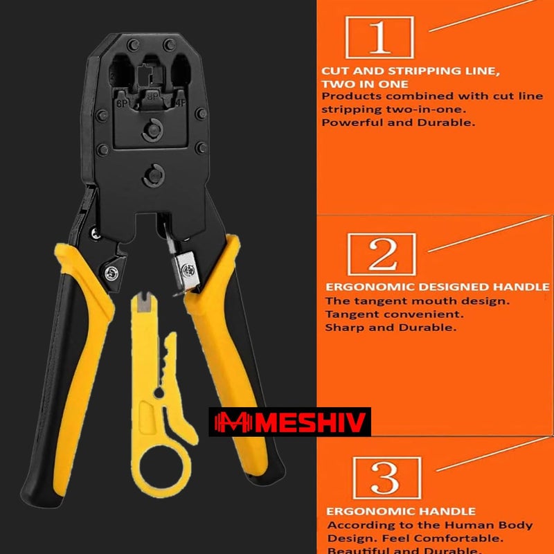 Meshiv Multifunctional Modular Plug Ethernet Network RJ45 RJ11 RJ12 Crimping Tool and wire cutter 4P6P8P RJ11RJ12RJ45 For Lan Network and Telephone Cable BOSI 3 in 1 Crimping Tool Yellow - Image 2