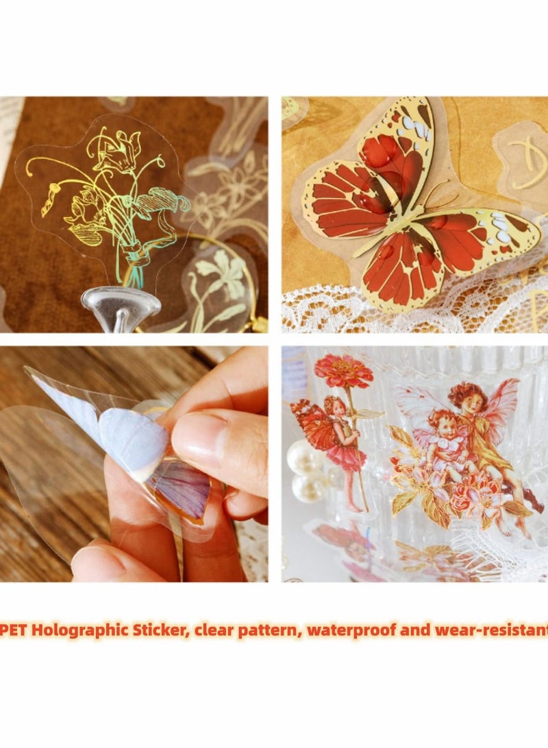 Bronzing Holographic Sticker Set, Gold Foil Transparent Color Waterproof Vintage Sticker, Fairy Butterfly Flower Pattern for Scrapbook Diary Laptop Water Bottle Decoration (4 Themes, 120 Sheets) - Image 2