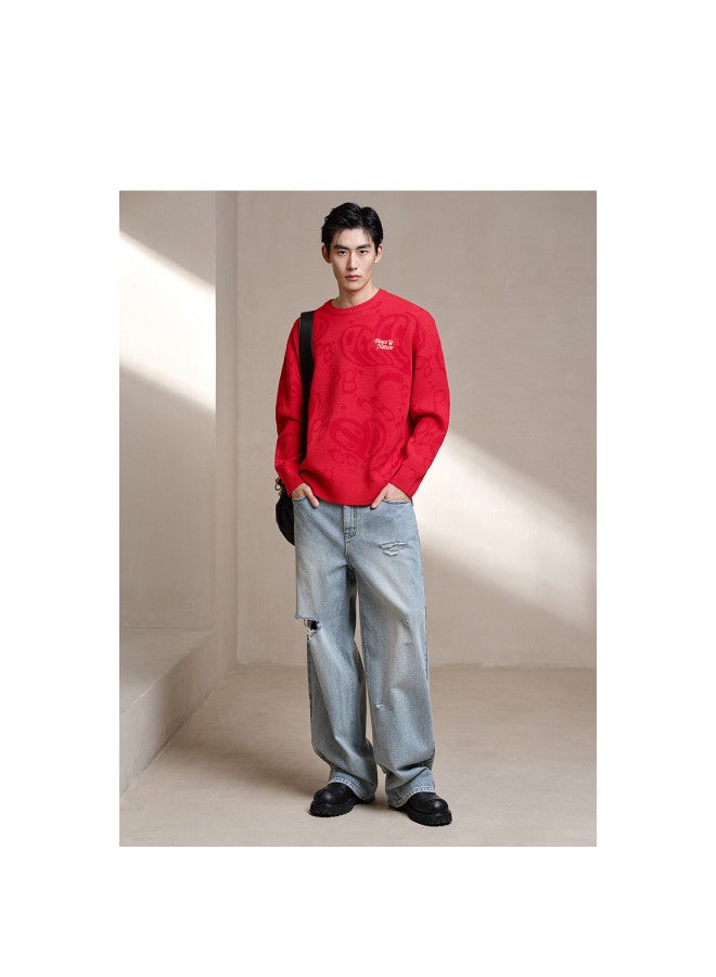 Waxbird Contains Wool] Men's 2025 Chinese New Year Edition Color-blocking Embroidered Subtle Pattern Textured Knit Sweater Men's Sweater - Image 3
