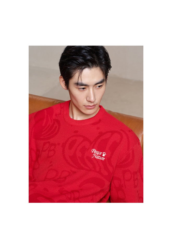 Waxbird Contains Wool] Men's 2025 Chinese New Year Edition Color-blocking Embroidered Subtle Pattern Textured Knit Sweater Men's Sweater - Image 5