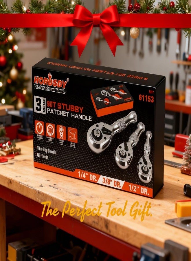 هورسدي طقم مفاتيح ربط سقاطة قصيرة من هوروسدي، 3 قطع، 90T، 1/4 بوصة، 3/8 بوصة، 1/2 بوصة، مفاتيح ربط سقاطة عكسية مدمجة للمساحات الضيقة، إصلاح السيارات والمنازل، أدوات يدوية، أدوات ميكانيكية - Image 2