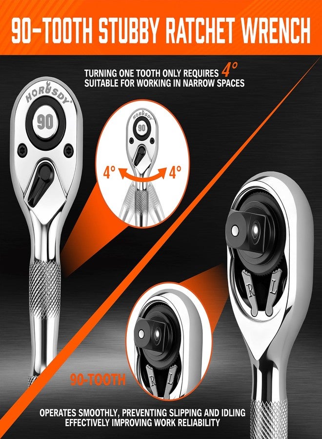 هورسدي طقم مفاتيح ربط سقاطة قصيرة من هوروسدي، 3 قطع، 90T، 1/4 بوصة، 3/8 بوصة، 1/2 بوصة، مفاتيح ربط سقاطة عكسية مدمجة للمساحات الضيقة، إصلاح السيارات والمنازل، أدوات يدوية، أدوات ميكانيكية - Image 3