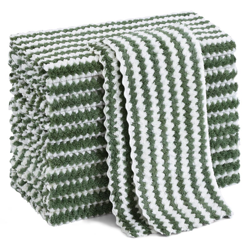 Homaxy 12 Pack Kitchen Dish Cloths, Ultra Soft and Absorbent Dish Towels, Reusable Fast Drying Microfiber Cleaning Cloth, Coral Velvet Wave Design No-lint, 10 x 10 inches, Grass Green - Image 1