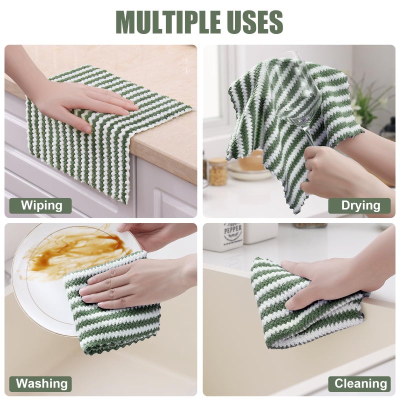 Homaxy 12 Pack Kitchen Dish Cloths, Ultra Soft and Absorbent Dish Towels, Reusable Fast Drying Microfiber Cleaning Cloth, Coral Velvet Wave Design No-lint, 10 x 10 inches, Grass Green - Image 4