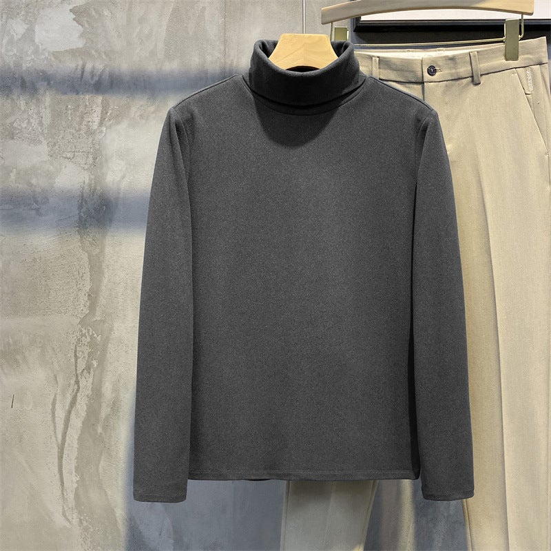 Japanese-style velvet turtleneck bottoming shirt men's autumn and winter solid color thickened double-sided velvet warm inner half-weight long-sleeved T-shirt - Image 1