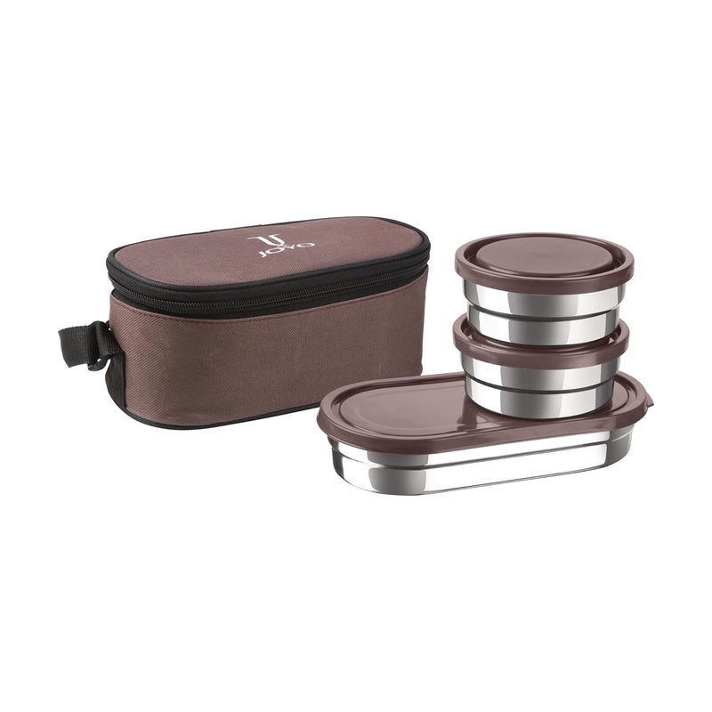 JOYO JOYO Executive Smart Lunch with Zipper Pouch, 2 Round Containers, 280 ml Each, 1 Oval Container, 500 ml, Brown | Easy to Carry | Leak Proof  - Image 1