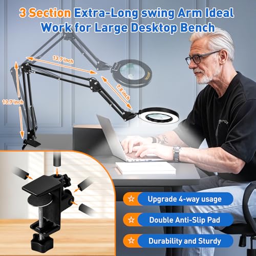 NUEYiO Ultra Long 3-Section Swing Arm 12X 30X Magnifying Glass with Light and Stand, 4-Way Metal Clamp Lighted Magnifier Lamp, 5 Color Modes LED Magnifying Lamp for Workbench Hobby（12X/30X 35.2in Clamp ） - Image 2