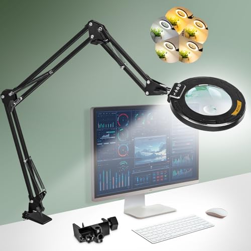 NUEYiO Ultra Long 3-Section Swing Arm 12X 30X Magnifying Glass with Light and Stand, 4-Way Metal Clamp Lighted Magnifier Lamp, 5 Color Modes LED Magnifying Lamp for Workbench Hobby（12X/30X 35.2in Clamp ） - Image 1