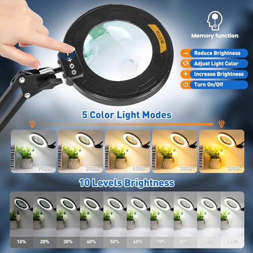 NUEYiO Ultra Long 3-Section Swing Arm 12X 30X Magnifying Glass with Light and Stand, 4-Way Metal Clamp Lighted Magnifier Lamp, 5 Color Modes LED Magnifying Lamp for Workbench Hobby（12X/30X 35.2in Clamp ） - Image 4