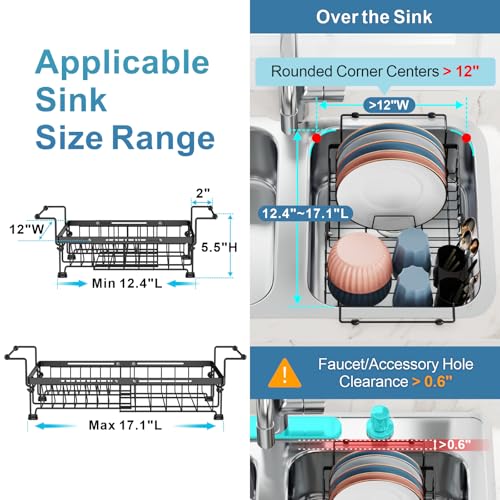 iSPECLE Expandable in Sink Dish Drying Rack - Adjustable Capacity Over The Sink Dish Drainer Drying Rack for Kitchen, 12.4"-17.1" L x 12.8" W, Black - Image 3
