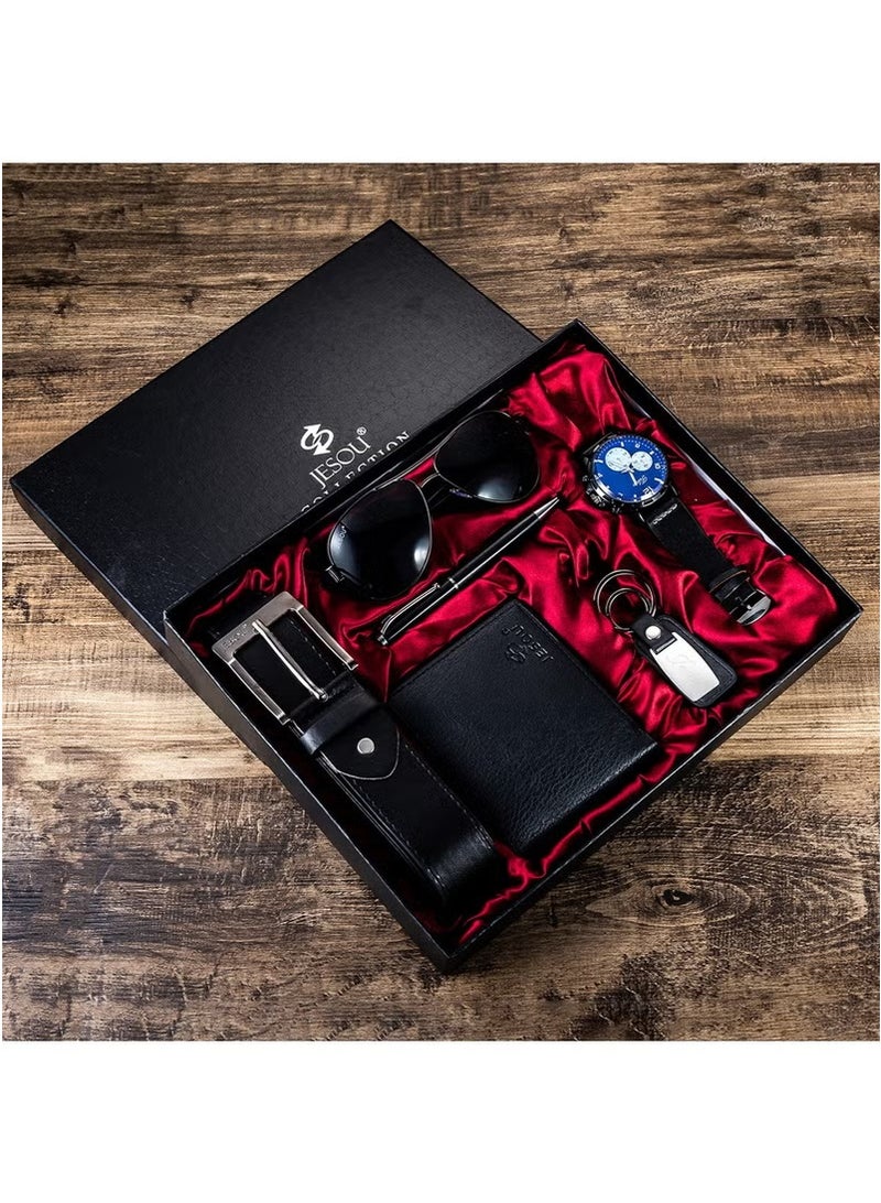 JESOU 6-in-1 Deluxe Gift Set: Sunglasses, Belt, Wallet, Keychain, Signature Pen, and Large Dial Quartz Watch - Image 5
