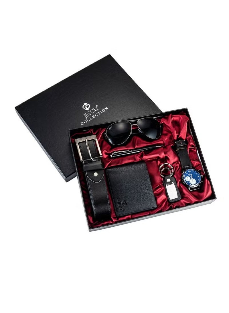 JESOU 6-in-1 Deluxe Gift Set: Sunglasses, Belt, Wallet, Keychain, Signature Pen, and Large Dial Quartz Watch - Image 1