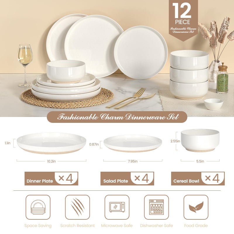 Umite Chef Plates and Bowls Sets, Dinnerware Sets for 4, 12 Pieces Scratch Resistant Dishware Dishes Set, Ceramic Kitchen Dinner Set, Porcelain & Microwave and Dishwasher Safe, Cream White - Image 2