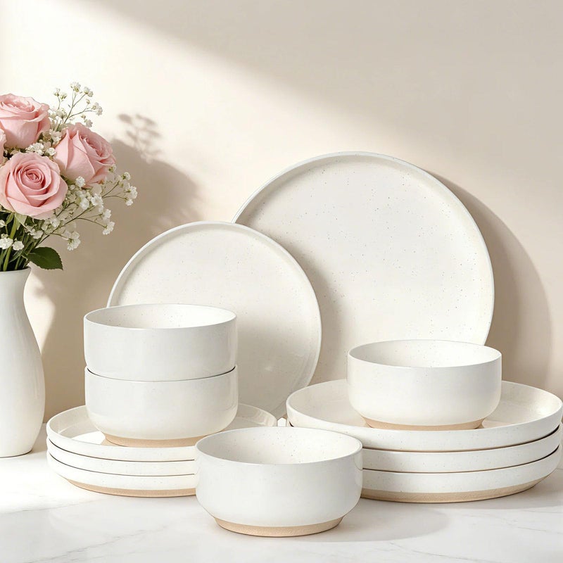 Umite Chef Plates and Bowls Sets, Dinnerware Sets for 4, 12 Pieces Scratch Resistant Dishware Dishes Set, Ceramic Kitchen Dinner Set, Porcelain & Microwave and Dishwasher Safe, Cream White - Image 1