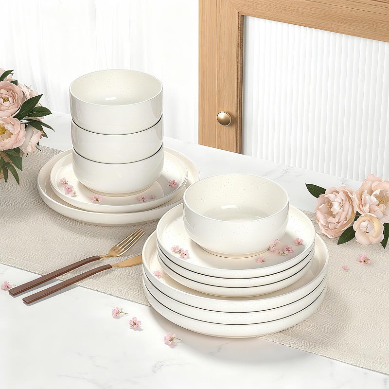 Umite Chef Plates and Bowls Sets, Dinnerware Sets for 4, 12 Pieces Scratch Resistant Dishware Dishes Set, Ceramic Kitchen Dinner Set, Porcelain & Microwave and Dishwasher Safe, Cream White - Image 3