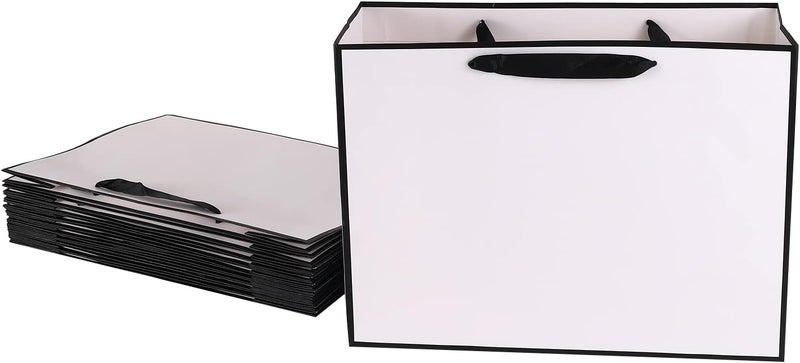 Red Dot Gift REDDOTGIFT® 10-Pack White with Black Border Gift Bags Shopping Bag Party Favor Bags with Grossgrain Ribbon Handle for Birthday Mother’s Day, Baby Shower Bridal Shower Wedding Gift (H26*L35*D13cm) - Image 1