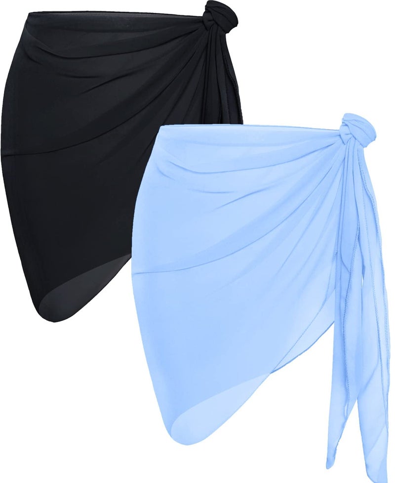 CHICGAL 2 Pieces Sarong Cover Ups for Women Beach Bathing Suit Wrap Sheer Short Skirt Bikini Chiffon Scarf for Swimwear (Black & Light Blue) - Image 1