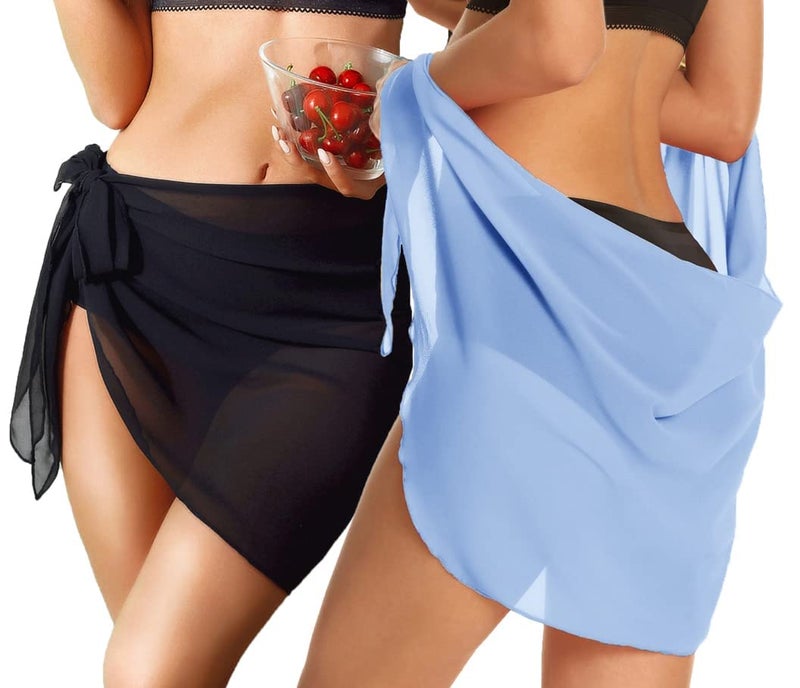 CHICGAL 2 Pieces Sarong Cover Ups for Women Beach Bathing Suit Wrap Sheer Short Skirt Bikini Chiffon Scarf for Swimwear (Black & Light Blue) - Image 4