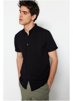 Black Slim Fit Large Collar Short Sleeve Knitted Pique Summer Shirt TMNSS22GO0025