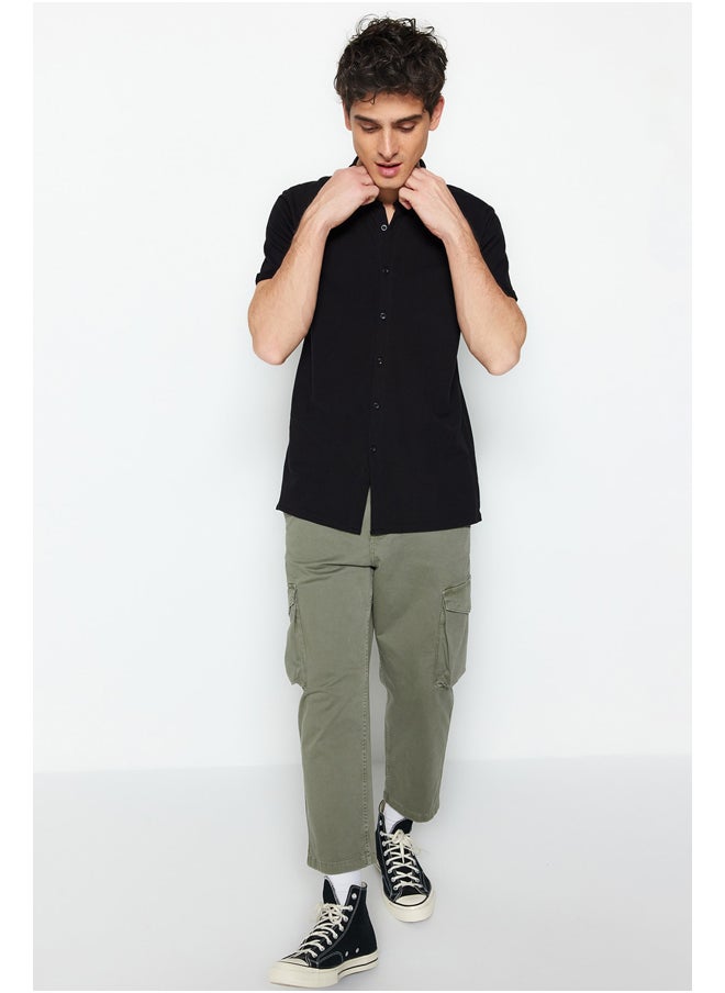 trendyol - Black Slim Fit Large Collar Short Sleeve Knitted Pique Summer Shirt TMNSS22GO0025 - Image 1