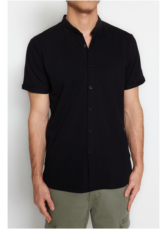 trendyol - Black Slim Fit Large Collar Short Sleeve Knitted Pique Summer Shirt TMNSS22GO0025 - Image 1