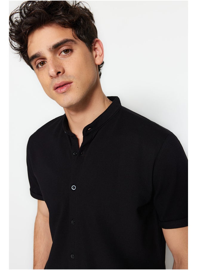 trendyol - Black Slim Fit Large Collar Short Sleeve Knitted Pique Summer Shirt TMNSS22GO0025 - Image 1