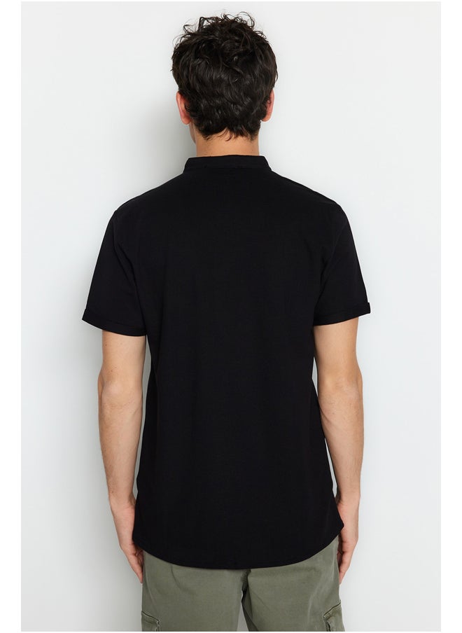 trendyol - Black Slim Fit Large Collar Short Sleeve Knitted Pique Summer Shirt TMNSS22GO0025 - Image 1