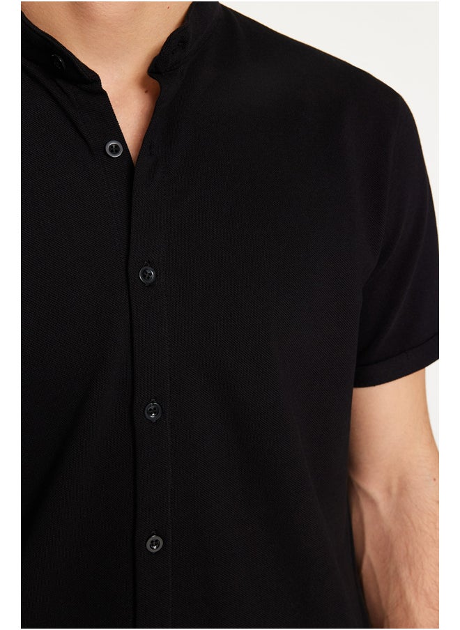 trendyol - Black Slim Fit Large Collar Short Sleeve Knitted Pique Summer Shirt TMNSS22GO0025 - Image 1