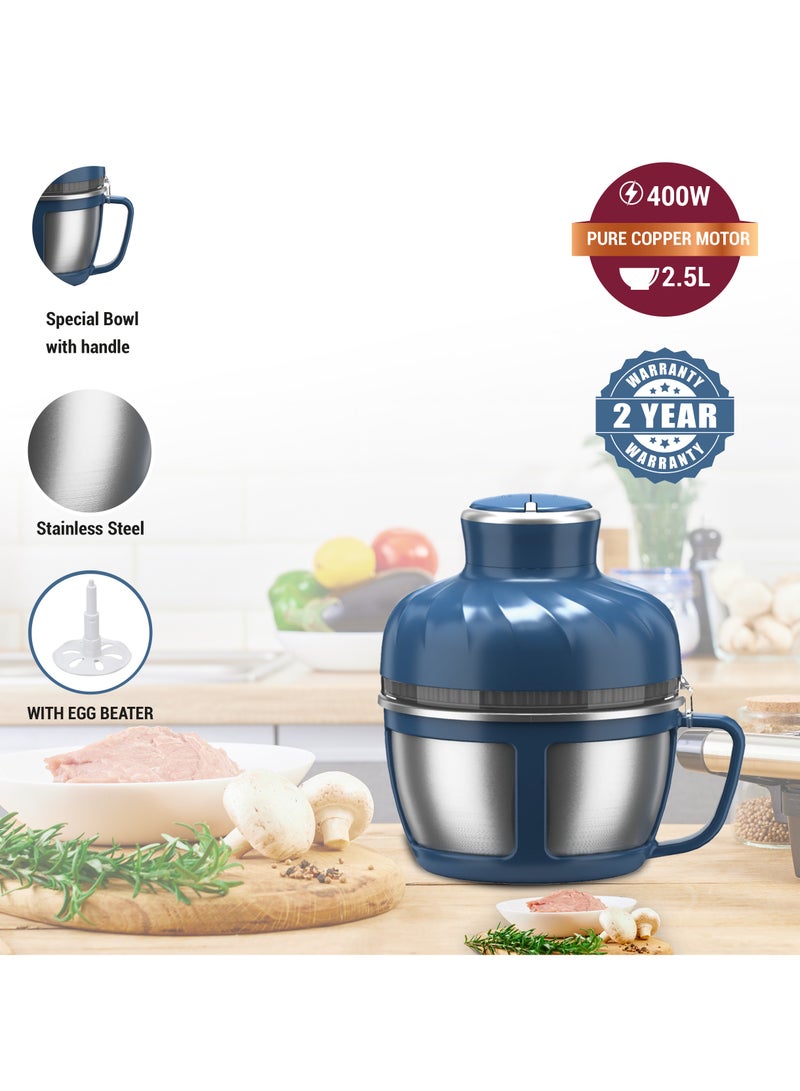 AFRA Stainless Steel Chopper, 400W, 2 Adjustable Speed, Stainless Steel Bowl W/Handle - 5425 Copper Motor,  2.5l Jar Capacity, AF-425CHSS, 2 Year Warranty 400.0 W AF-425CHSS blue - Image 5