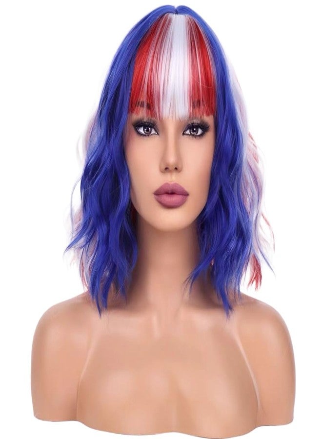 باروكات WTHCOS حمراء وبيضاء وزرقاء للنساء والفتيات، باروكة علم أمريكا، باروكات الرابع من يوليو، باروكات قصيرة مجعدة ومموجة مع غرة، باروكة حفلات الرابع من يوليو - Image 2