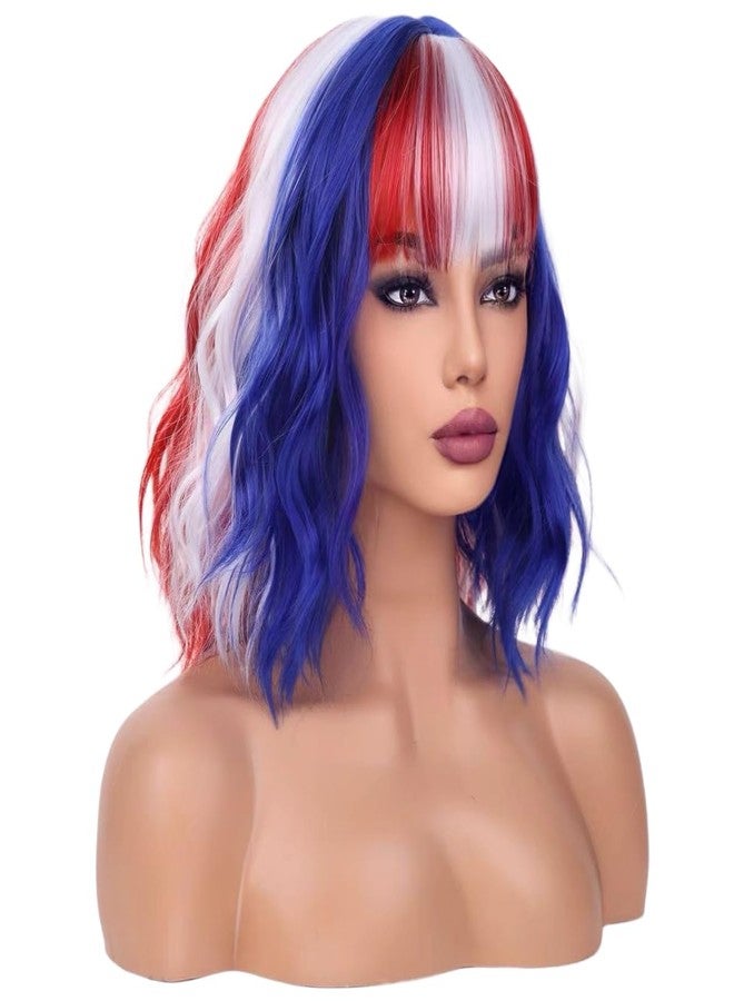 باروكات WTHCOS حمراء وبيضاء وزرقاء للنساء والفتيات، باروكة علم أمريكا، باروكات الرابع من يوليو، باروكات قصيرة مجعدة ومموجة مع غرة، باروكة حفلات الرابع من يوليو - Image 3