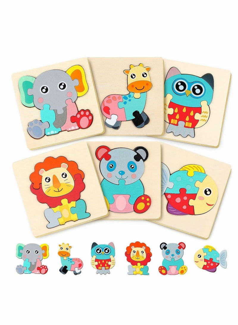 NIBEMINENT Wooden Puzzles for Toddler 1-3 Years Old Wood Jigsaw Boys Montessori Games and Educational Toys Kids Present (6Pack Animal) - Image 1