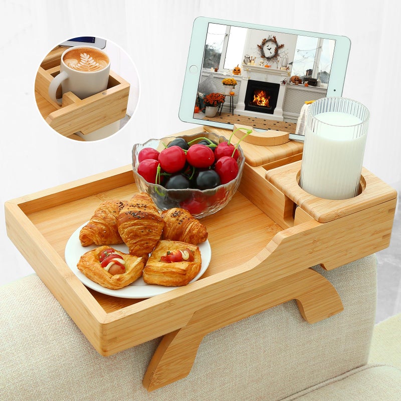 GHKINMAL Bamboo Couch Cup Holder, 4 in 1 Couch Arm Trays with 360Â°Rotated Phone Holder, Non-Slip Clip on Side Table for Drinks/Remote/Snacks, Ideal Gift for Husband, Wife, Parents - Image 1