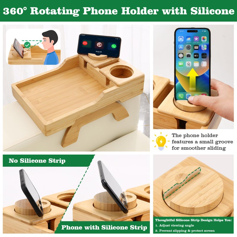 GHKINMAL Bamboo Couch Cup Holder, 4 in 1 Couch Arm Trays with 360Â°Rotated Phone Holder, Non-Slip Clip on Side Table for Drinks/Remote/Snacks, Ideal Gift for Husband, Wife, Parents - Image 4