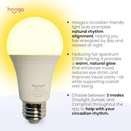 hooga Circadian Rhythm Full Spectrum LED Light Bulb - 2700K, 2100K, 1400K, Flicker-Free, Blue Light Free Night Mode, 7W Energy Efficient Warm White for Sleep, Relaxation & Focus - 2 Pack - Image 2