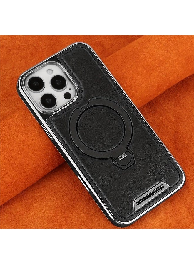 Faux leather phone case suitable for iPhone 17 Pro Max, with magnetic wireless charging and a protective rotating stand.