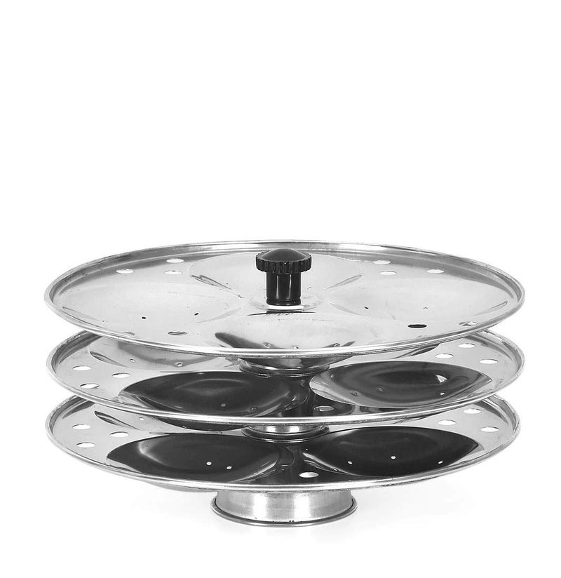 Dharam Paul Traders Idli Stand,12 idlis at a time, 4 idly Cavities in 1 Plate, Metallic. Stainless Steel (3 Plate) - Image 1