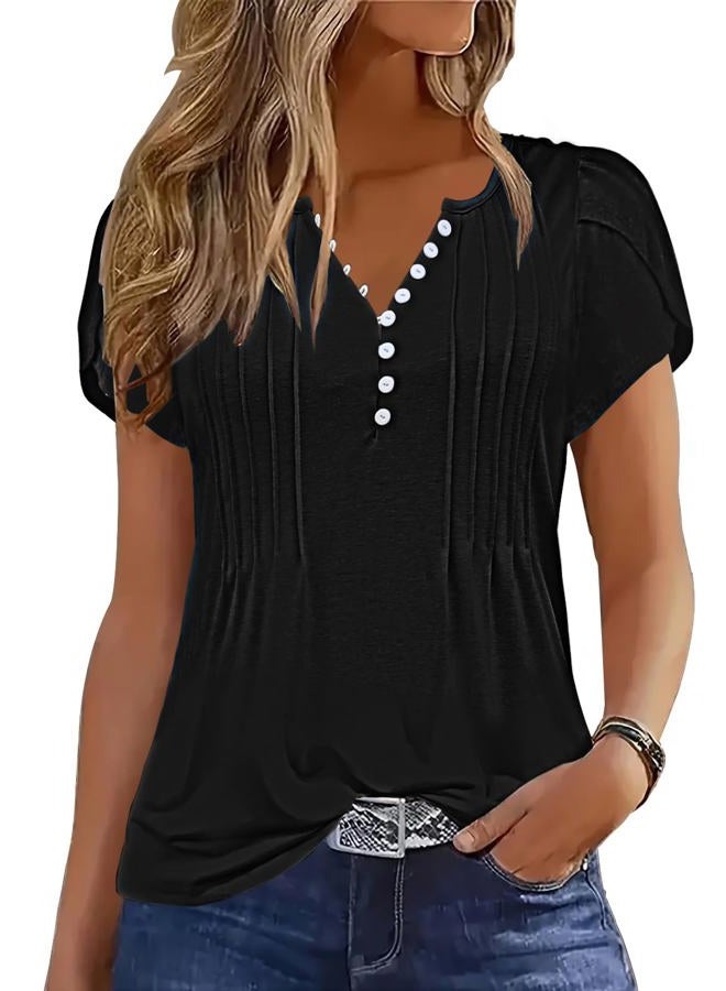 Disamer Summer Tops for Women Petal Short Sleeve Shirts Dressy Pleated Tunic 2025 Casual V Neck Button Down Blouses, Pure Black, L - Image 1