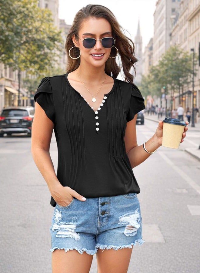 Disamer Summer Tops for Women Petal Short Sleeve Shirts Dressy Pleated Tunic 2025 Casual V Neck Button Down Blouses, Pure Black, L - Image 4