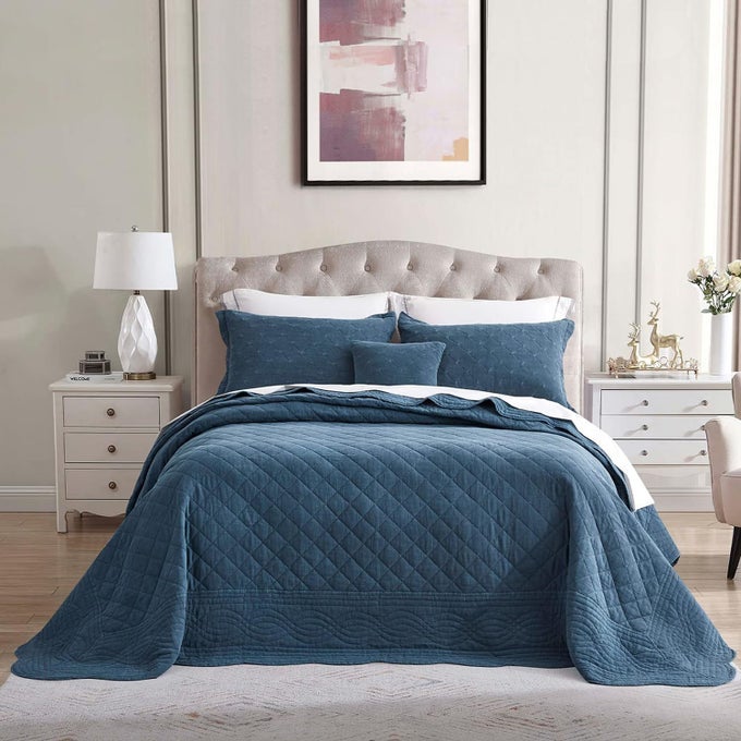 HZ HY OVERSIZED KING BEDSPREAD SHABBY CHIC RUSTIC LOOK ENZYME WASHED ULTRA SOFT LIGHTWEIGHT REVERSIBLE COTTONPOLYESTER 5 PIECE MAJOLICA BLUE