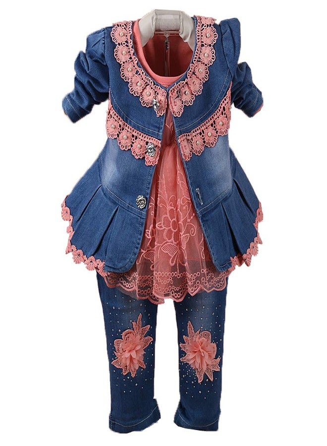 Yao 6M-4Y Infant 3Pcs Baby Girls Clothes Set Toddler Outfits Lace Dress Jacket and Jeans (1-2Y,Flower-Orange) - Image 1