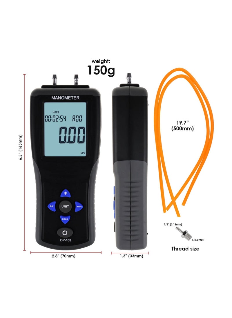 Digital Manometer Gas Pressure Tester, 12 Units Professional Manometer HVAC Air Pressure Testing Tool Pressure Meter HVAC Airflow Pressure Testing Tool with Large LCD Display Backlight for Home and RV