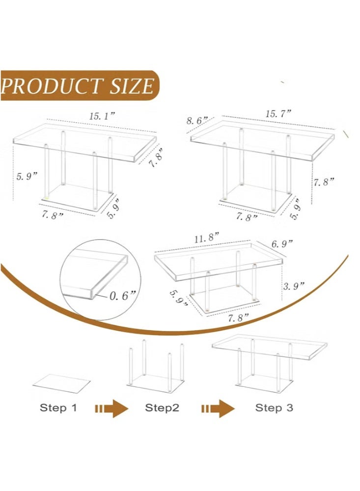 يلا جوي طقم عرض طاولات الحلويات، 3 قطع، حاملات عرض حلويات أكريليك شفافة، حاملات بوفيه للكب كيك والحلويات والمعجنات والأطعمة وحلوى الفواكه لحفلات الزفاف وأعياد الميلاد، مستطيل الشكل. - Image 2