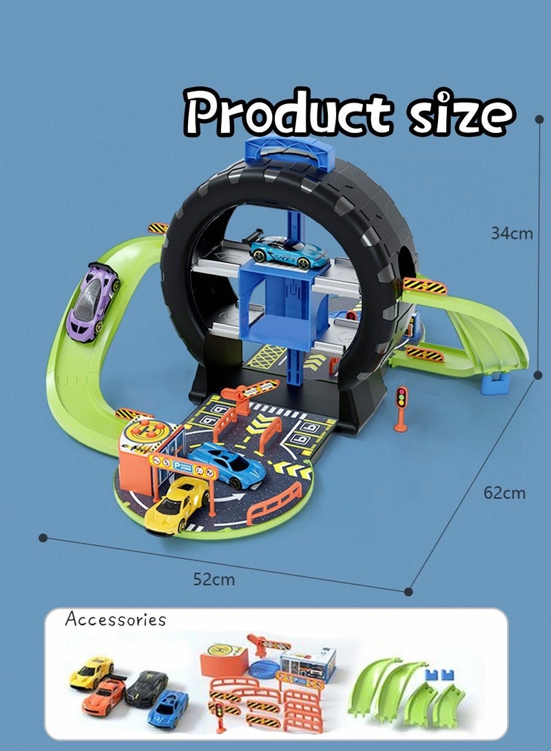 ميكسد لعبة مجموعة وقوف السيارات مع أربع سيارات من السبائك ، مجموعة سيارات لعبة مسار قابلة للفصل - Image 3