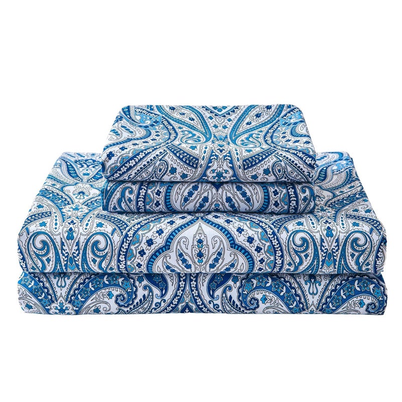 Softan Blue Paisley Printed Bed Sheets Full Size, Floral Sheet Set Full, Brushed Microfiber Patterned Fitted Sheet with 15" Deep Pocket & Non-Slip Straps, Blue Flower Sheets & Pillowcase Set - Image 1