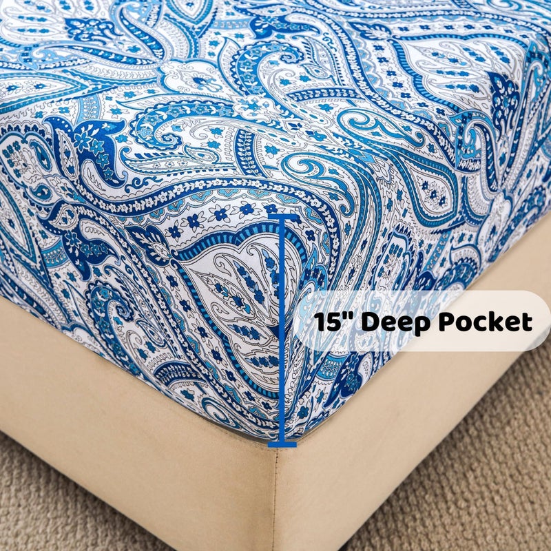 Softan Blue Paisley Printed Bed Sheets Full Size, Floral Sheet Set Full, Brushed Microfiber Patterned Fitted Sheet with 15" Deep Pocket & Non-Slip Straps, Blue Flower Sheets & Pillowcase Set - Image 4