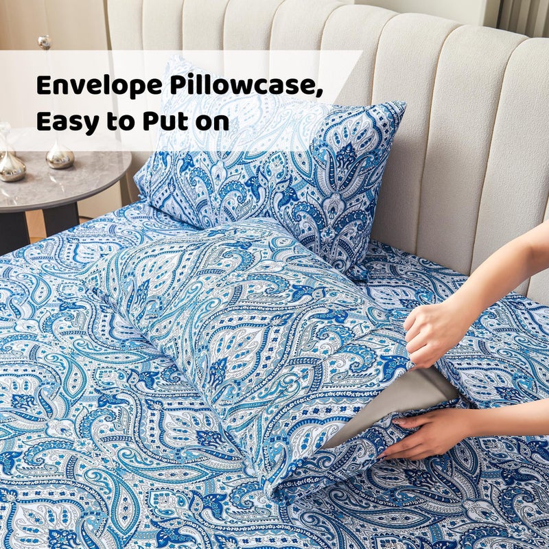 Softan Blue Paisley Printed Bed Sheets Full Size, Floral Sheet Set Full, Brushed Microfiber Patterned Fitted Sheet with 15" Deep Pocket & Non-Slip Straps, Blue Flower Sheets & Pillowcase Set - Image 5