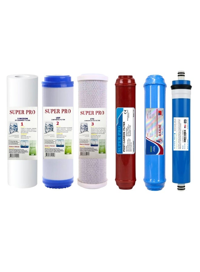 Super Pro 6 Stage Water Filters Pack Set for Standard 6 Stage Reverse Osmosis System, RO Membrane, Stage 1 to 6, Under Sink Replacement Cartridges - Image 1